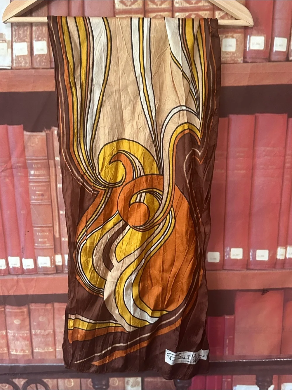 Vintage P Saint Hilaire Paris Abstract Swirl Long Scarf Brown Orange 54x17